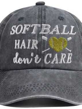 Softball Hair Don't Care Hat, Vintage Washed Cotton Adjustable Embroidered Sport